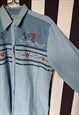 VINTAGE 80S DENIM SHIRT, FLORAL EMBROIDERY, UK12/14 LARGE