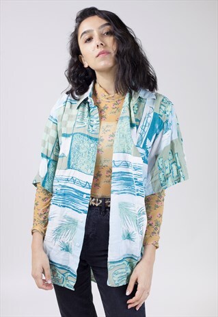 VINTAGE 90S GREEN/BLUE ABSTRACT PATTERNED SHIRT