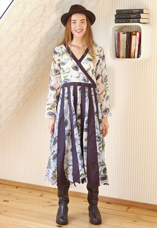 FLORAL STRIPE WRAP AROUND VINTAGE DRESS