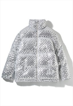 Metallic bomber jacket sequin embellished puffer in silver