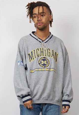 VINTAGE 90'S LEE MICHIGAN WOLVERINES GREY V-NECK SWEATSHIRT