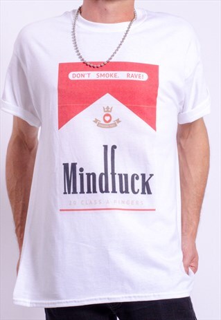 MIND FUCK GRAPHIC PRINT 90S RAVE, FESTIVAL TEE IN WHITE