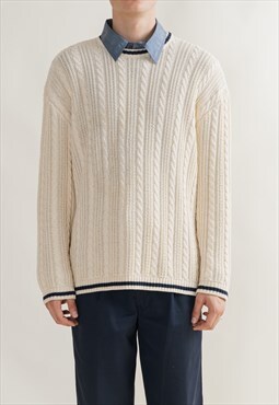 Vintage 90s Preppy Cotton Cream Cable Knit Unisex Jumper XL