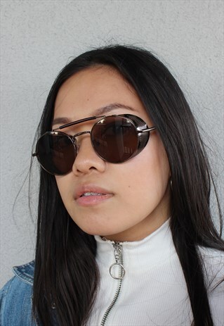 BROWN LENS STEAM PUNK Y2K STYLE SUNGLASSES
