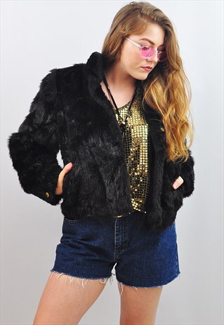 VINTAGE 1980'S BLACK CROPPED FAUX FUR JACKET