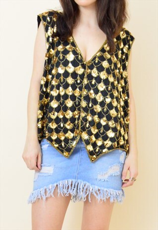 VINTAGE 80S BLACK SILK GOLD SEQUIN WAISTCOAT FESTIVAL TOP