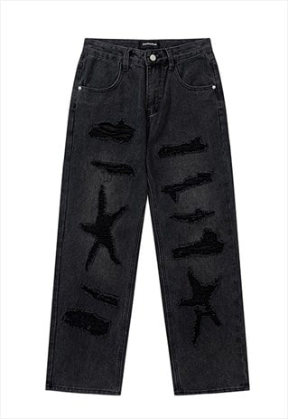 Shredded jeans grunge star pattern denim pants in acid black