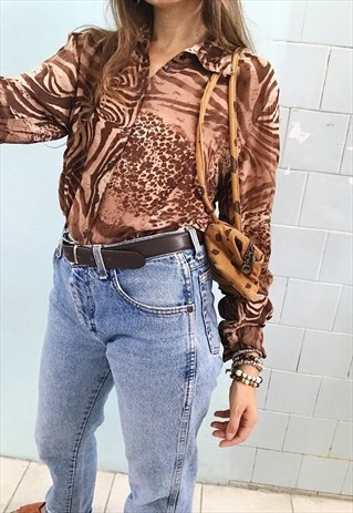 VINTAGE Y2K PARISIAN CHIC SHIRT TOP BLOUSE ANIMAL PRINT