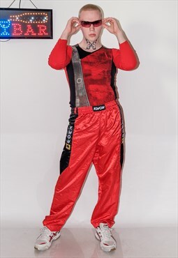 Vintage Y2K kickboxing pants in shiny red and black