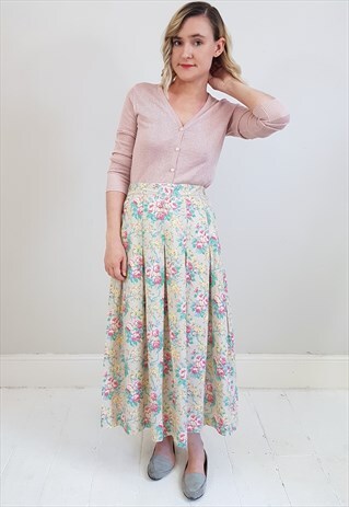 VINTAGE 90'S PINK FLORAL LINEN AND COTTON MIDI SKIRT