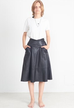 Vintage Black MISS ASTOR Leather Midi Skirt 