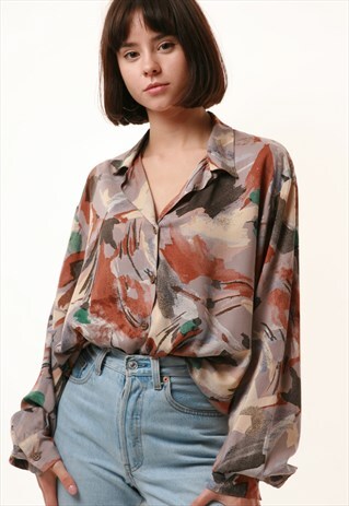 80S VINTAGE CRAZY ABSTRACT PRINT BLOUSE SHIRT 1162