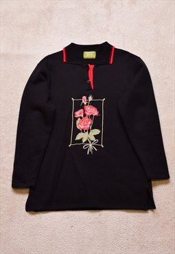 Women's Vintage 90s Black Red Floral Embroidered Sweater