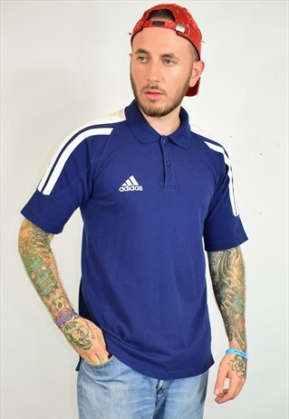 VINTAGE 90S ADIDAS NAVY BLUE WHITE POLO T SHIRT