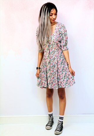 1980S VINTAGE PINK FLORAL BUTTON FRONT DRESS