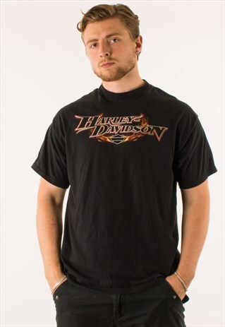 VINTAGE 90S BLACK HARLEY DAVIDSON FLAME T-SHIRT TEE