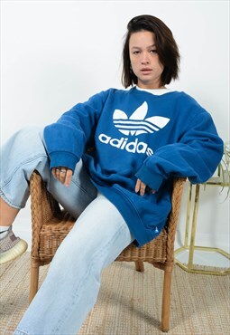 Vintage 90s Adidas Sweatshirt Logo Unisex Blue Size XL