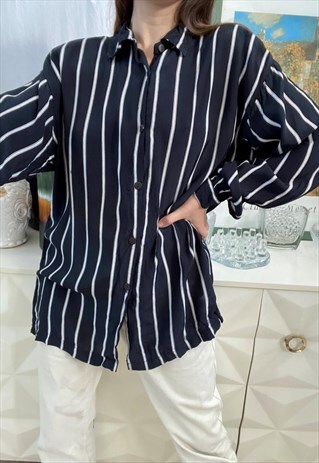VINTAGE 80S NAUTICAL LOOSE STRIPED LONG SLEEVE BLOUSE TOP