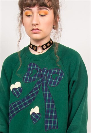 VINTAGE GREEN BOW SWEATSHIRT EMBROIDERED CUTE