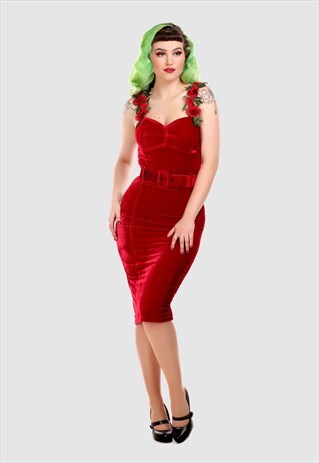 BELLA VINTAGE STYLE PENCIL MIDI DRESS WITH FLOWERED BRACES
