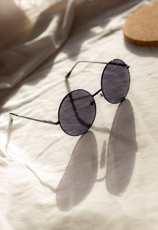 BLACK OVERSIZED ROUND CIRCLE WIRE FRAME SUNGLASSES