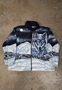 Vintage Animal Fleece Blue and White with Wolf Pattern