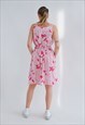 VINTAGE STRAPPY FRONT BUTTON UP FLORAL MIDI DRESS IN PINK M