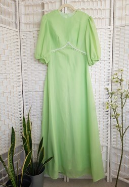 70s Apple Green Bridgerton Dress with Puff Sleeves UK 6