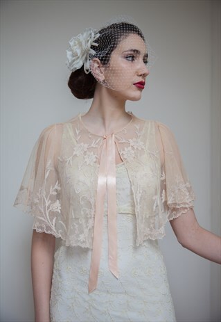 EDWARDIAN TAMBOUR LACE, BLUSH PINK, DELICATE WEDDING CAPE.