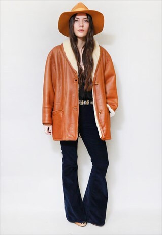 VINTAGE 1980'S TAN BROWN SHEARLING AVIATOR COAT