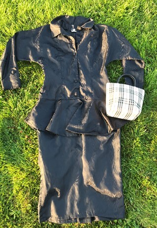 VINTAGE 80'S BLACK SATIN PENCIL SKIRT PEPLUM DRESS