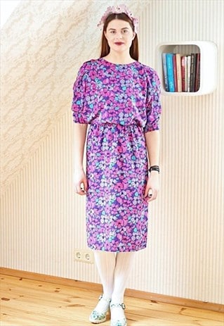 BRIGHT FLORAL PURPLE VINTAGE DRESS