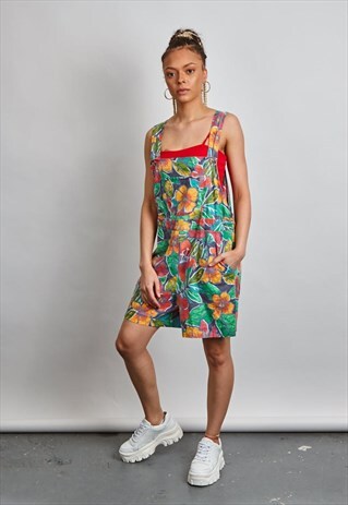 VINTAGE 80'S MULTI COLOURED FLORAL DUNGAREE SHORTS