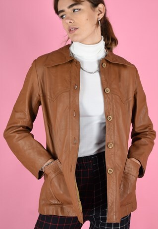 VINTAGE 70S LEATHER TRENCH JACKET BROWN BUTTONS