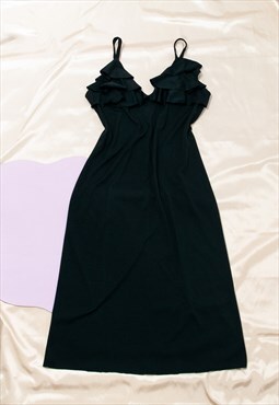 Vintage slip dress 70s frill black festival midi dress