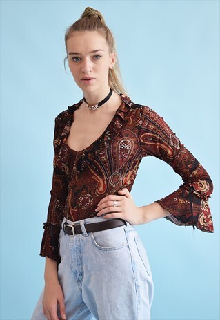 90'S RETRO FESTIVAL PAISLEY PRINT MESH KITSCH TOP