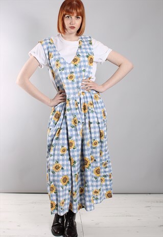 VINTAGE 80S SUNFLOWER CHECK PINAFORE MAXI DRESS