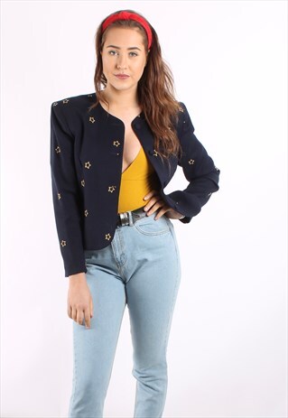 VINTAGE 80S CROPPED JACKET IN NAVY BLUE WITH STAR PATTERN