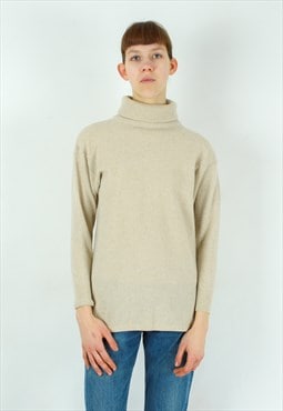 Wool Cashmere Pullover Sweater Turtle Neck Jumper Beige Warm