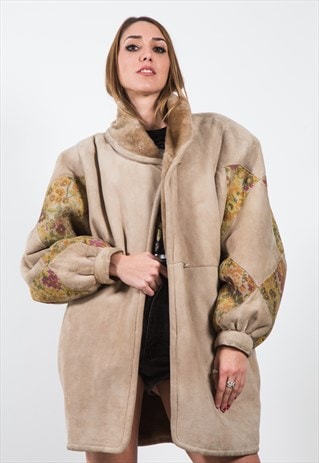 VINTAGE 80S LEATHER FAUX FUR COAT /