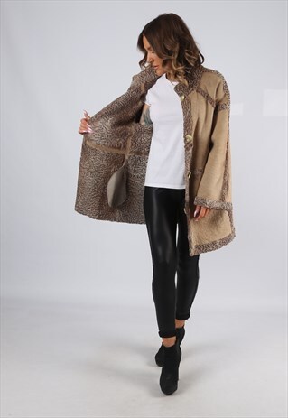 SHEEPSKIN SHEARLING SUEDE LEATHER COAT JACKET UK 14 (C9ES)