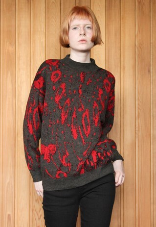 VINTAGE 1980S GREY AND RED PATTERNED JUMPER