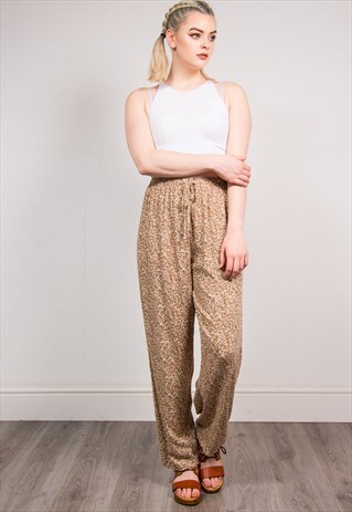 VINTAGE BEIGE FLORAL PATTERN WIDE LEG BOHO TROUSERS