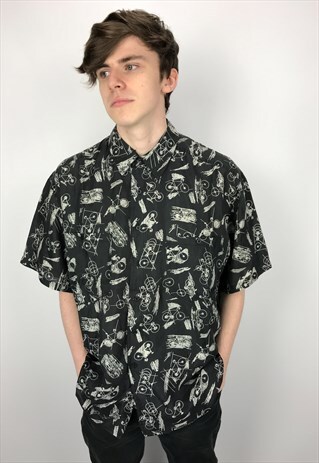 90S VINTAGE MOTORCYCLE PRINT SILK PATTERNED SHIRT