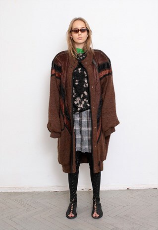 VINTAGE KNITTED CARDIGAN JACKET BROWN PATCHWORK 80S