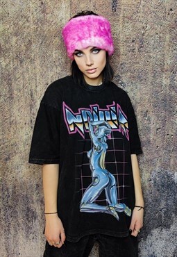 Cyber punk t-shirt grunge tee retro robot top in acid black