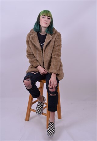 VINTAGE 80'S TAN FAUX FUR COAT JACKET SIZE MEDIUM