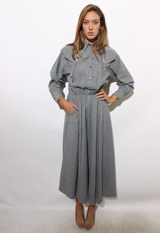 VINTAGE 80S GREY CHAMBRAY DRESS WESTERN MAXI CONCHO M-L