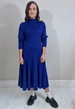 Vintage 80's Blue Jersey High Neck Dress