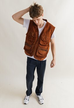 Vintage 80s Real Suede Brown Boxy Cargo Vest L
